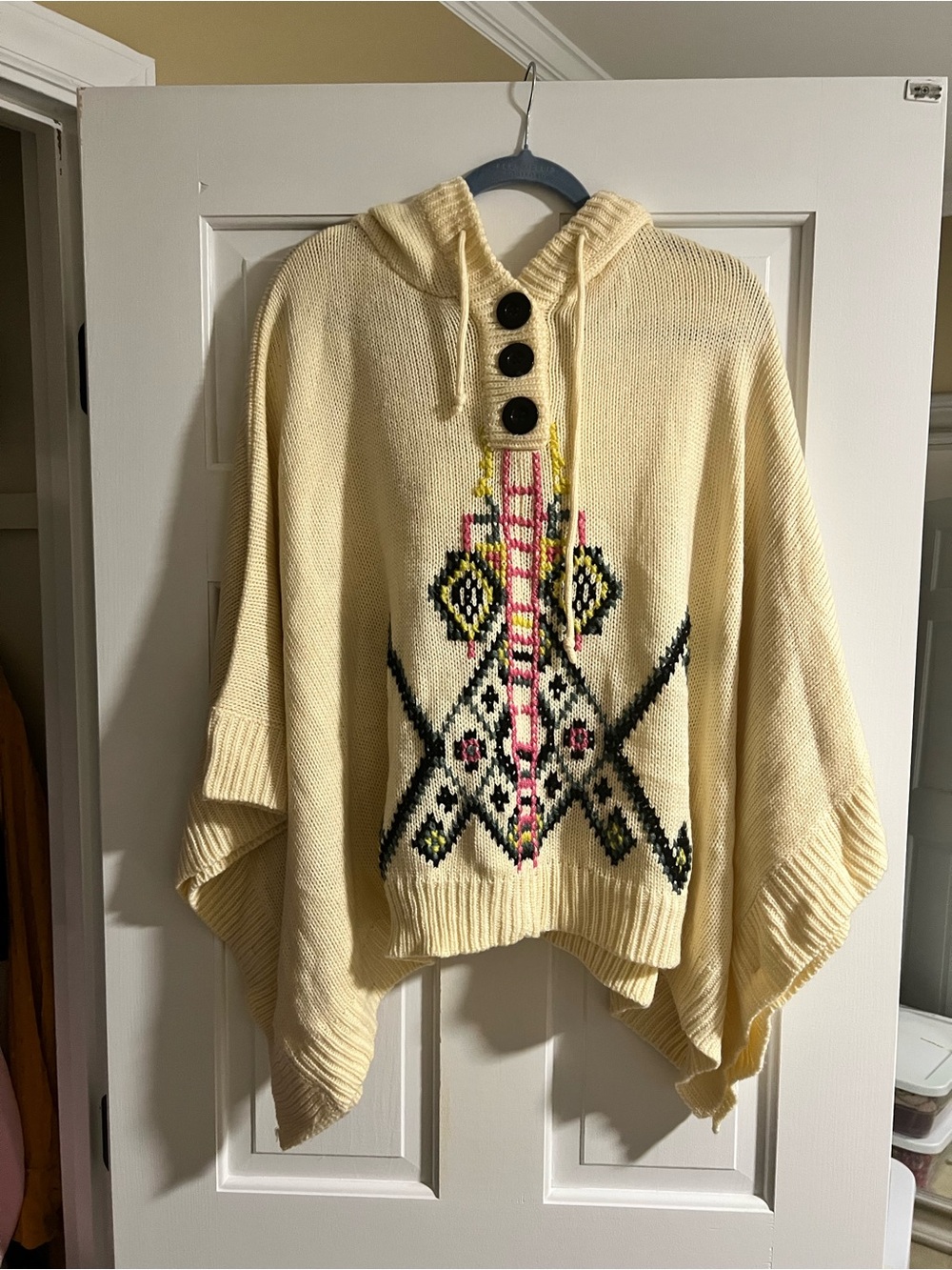 Forever 21 Cream Hooded Poncho with Aztec Motif